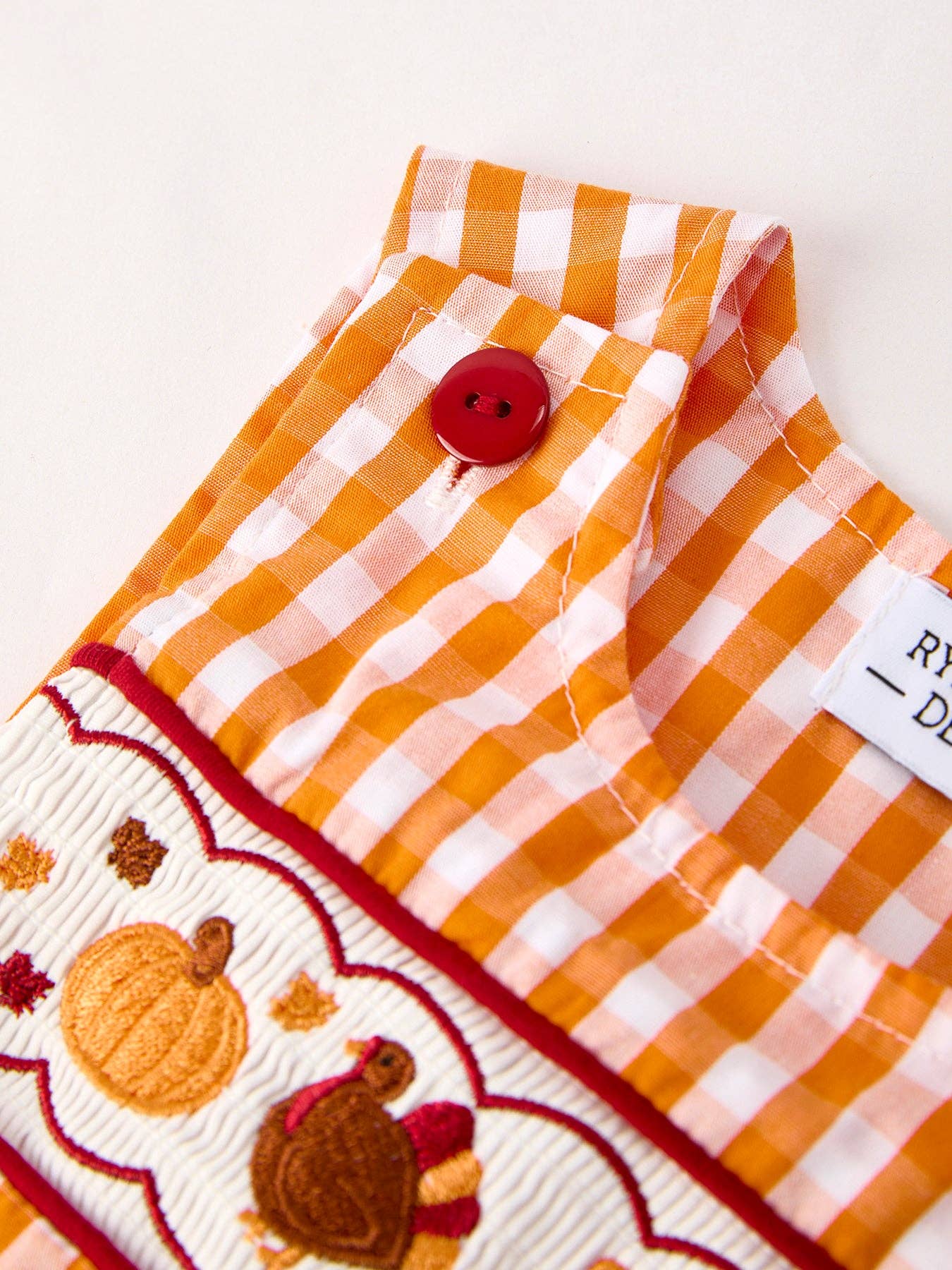Fall Embroidered Romper for Baby Boys – Orange Checkered with Fall Details