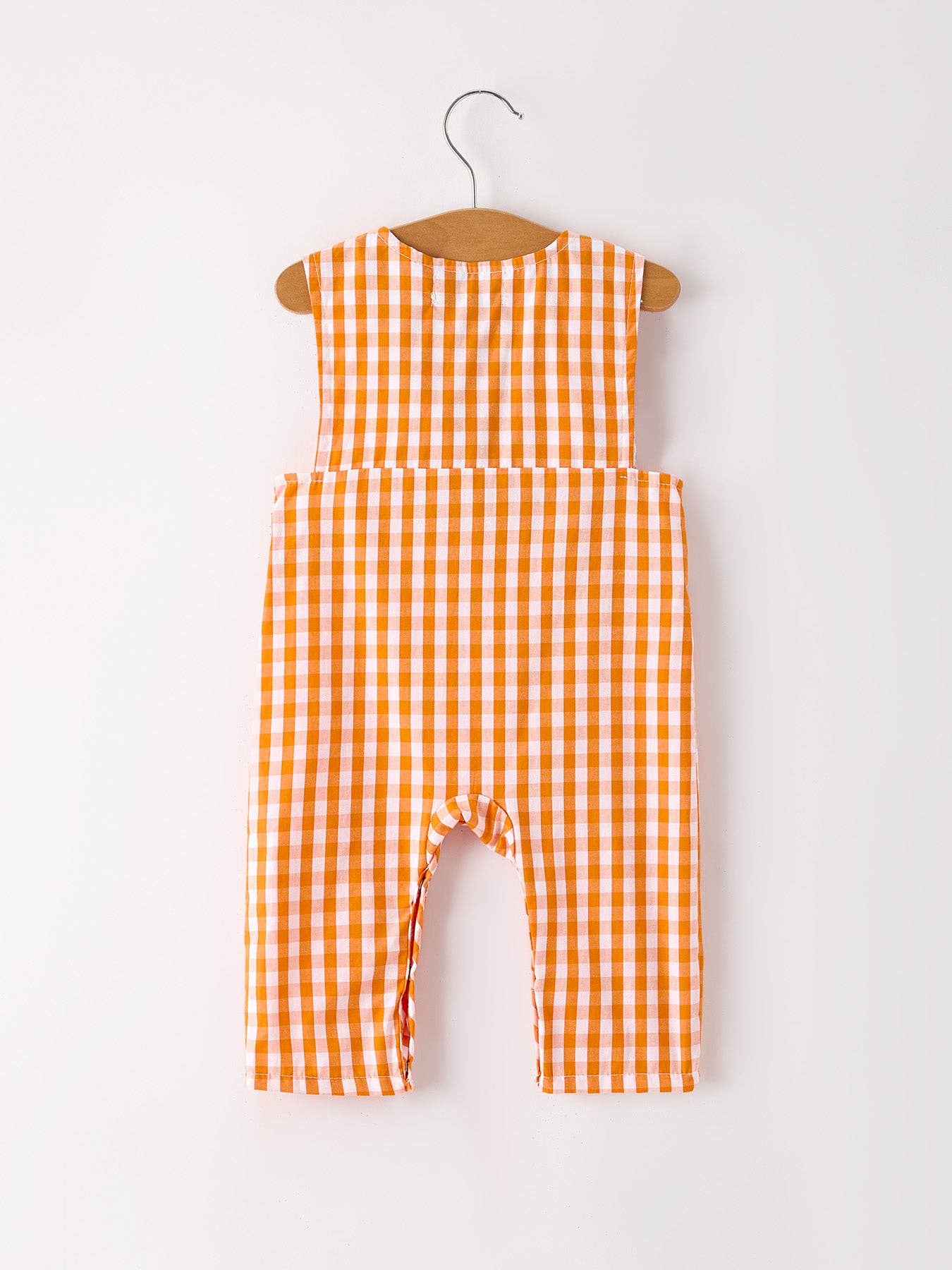 Fall Embroidered Romper for Baby Boys – Orange Checkered with Fall Details