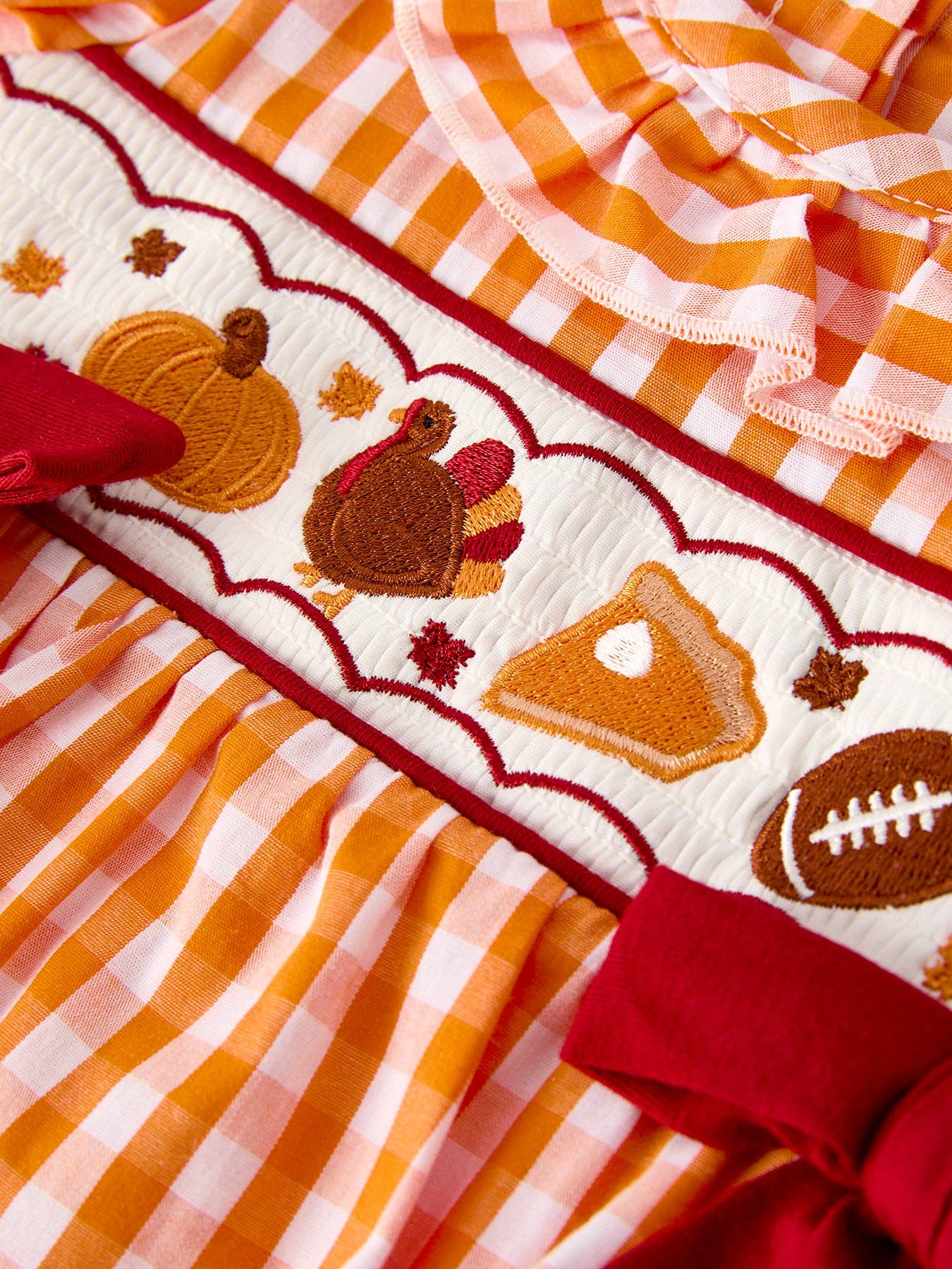 Fall Embroidered Romper for Baby Girls – Orange Checkered with Fall Detail