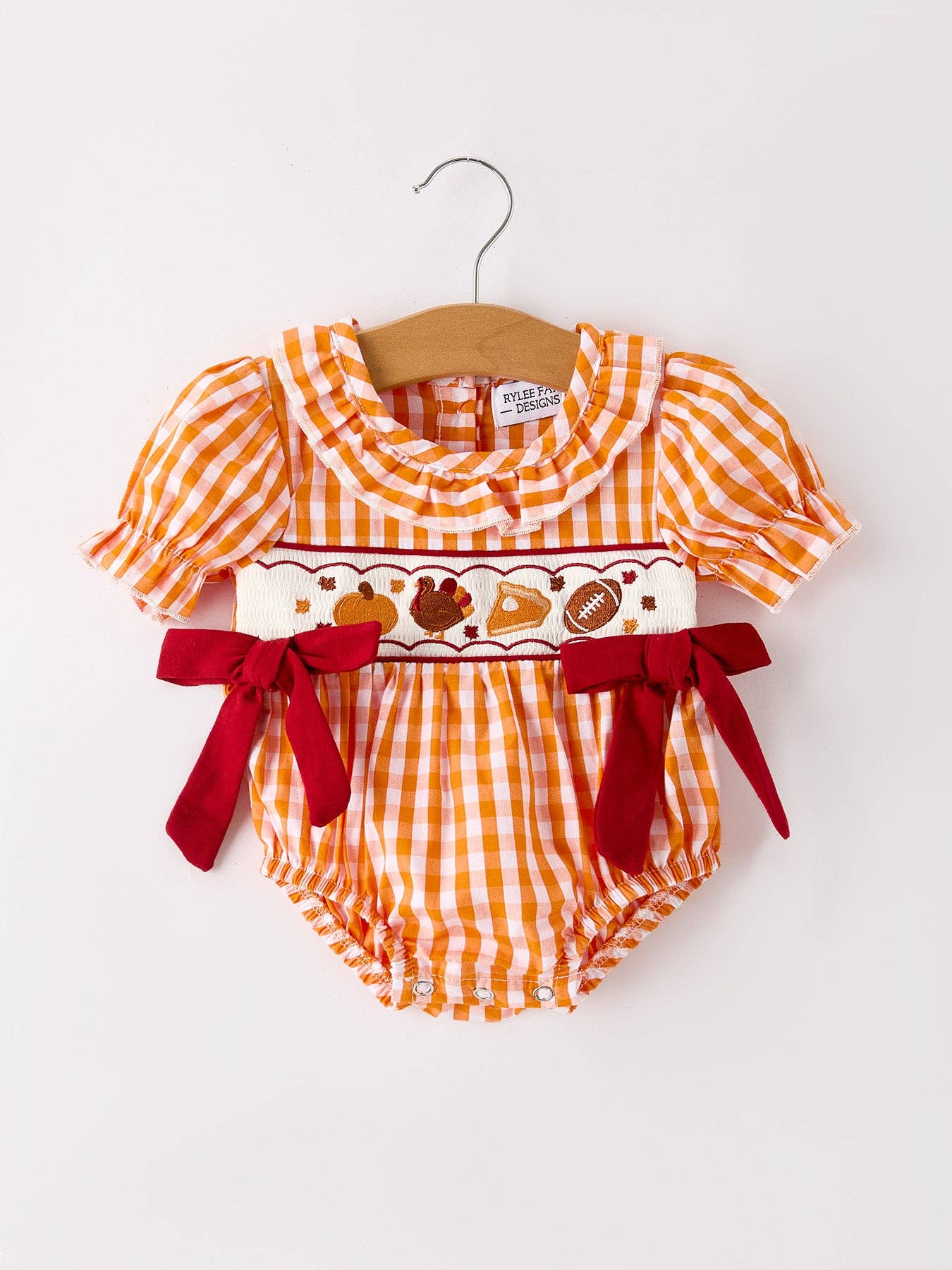 Fall Embroidered Romper for Baby Girls – Orange Checkered with Fall Detail