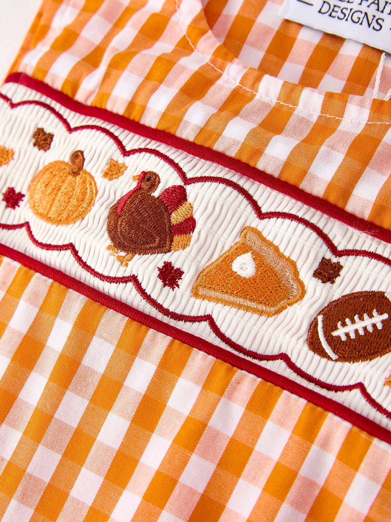 Fall Embroidered Romper for Baby Boys – Orange Checkered with Fall Details