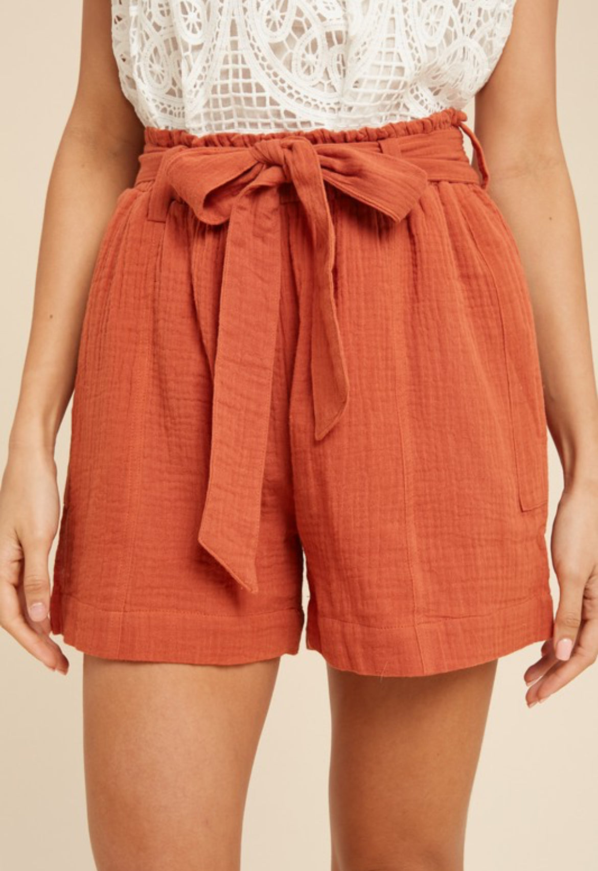 Rust Garment Washed Paper Bag Shorts