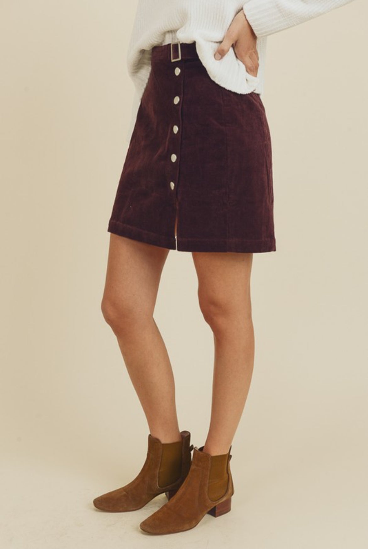 Button Corduroy Skirt With Belt