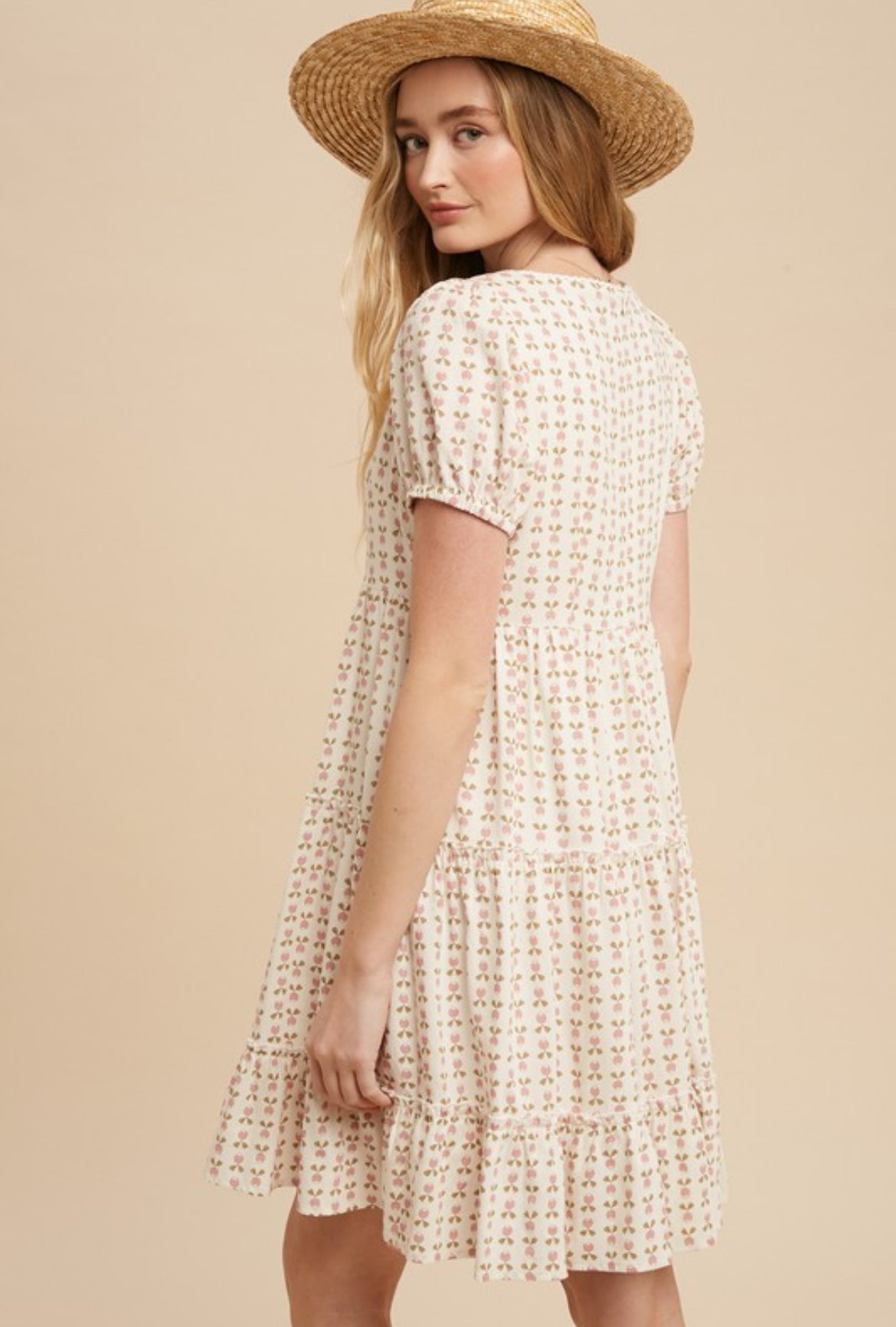 Cotton Blend Square Neck Tiered Dress