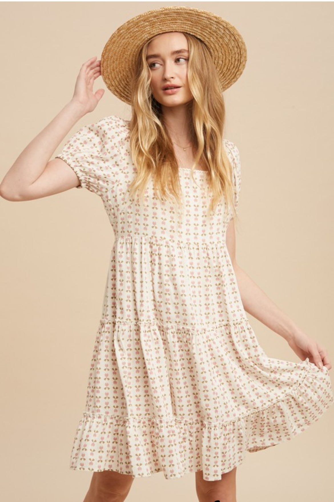Cotton Blend Square Neck Tiered Dress