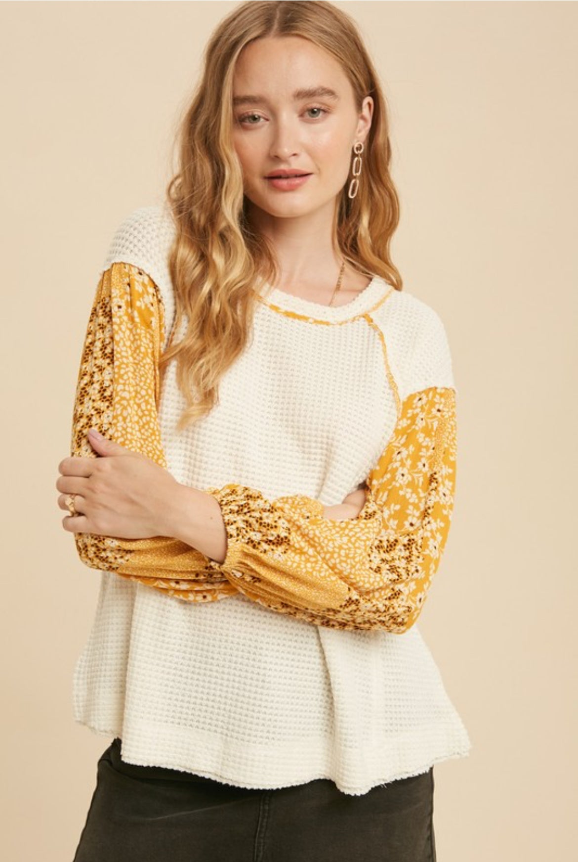 Waffle Knit Floral Sleeve Top