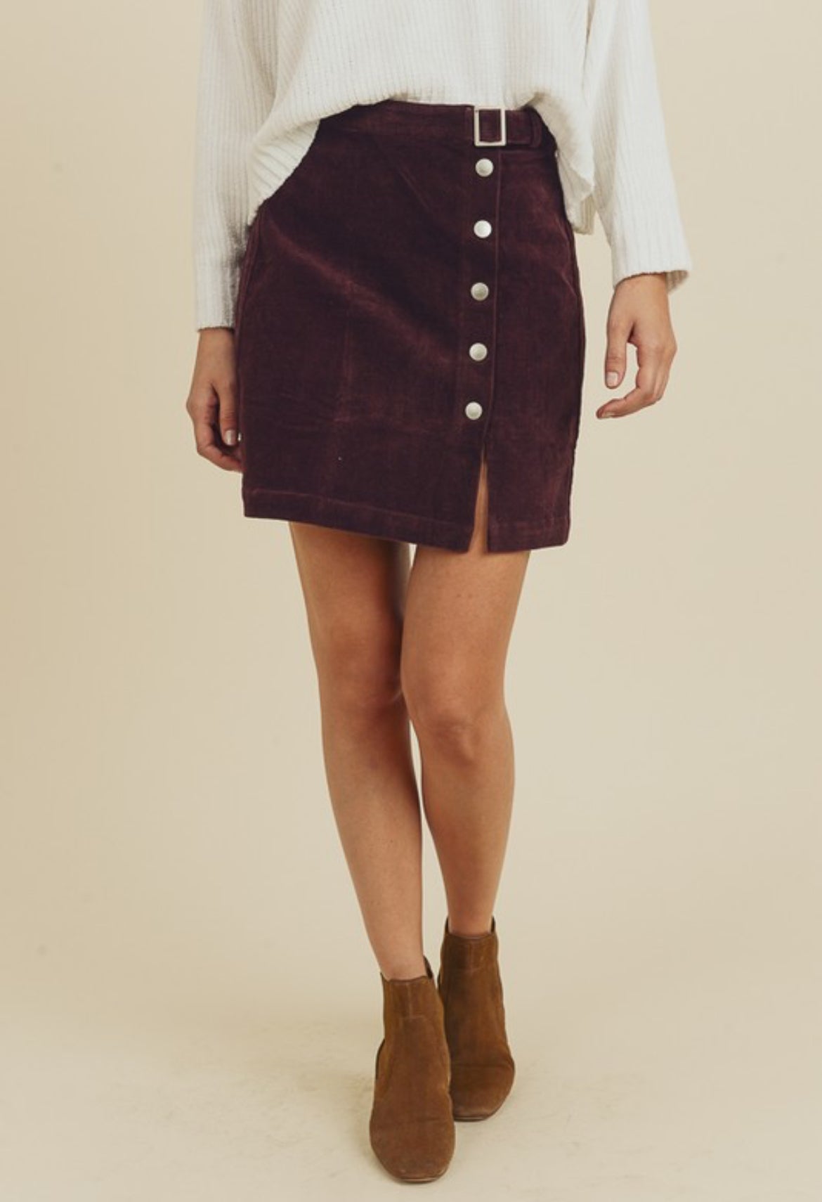 Button Corduroy Skirt With Belt