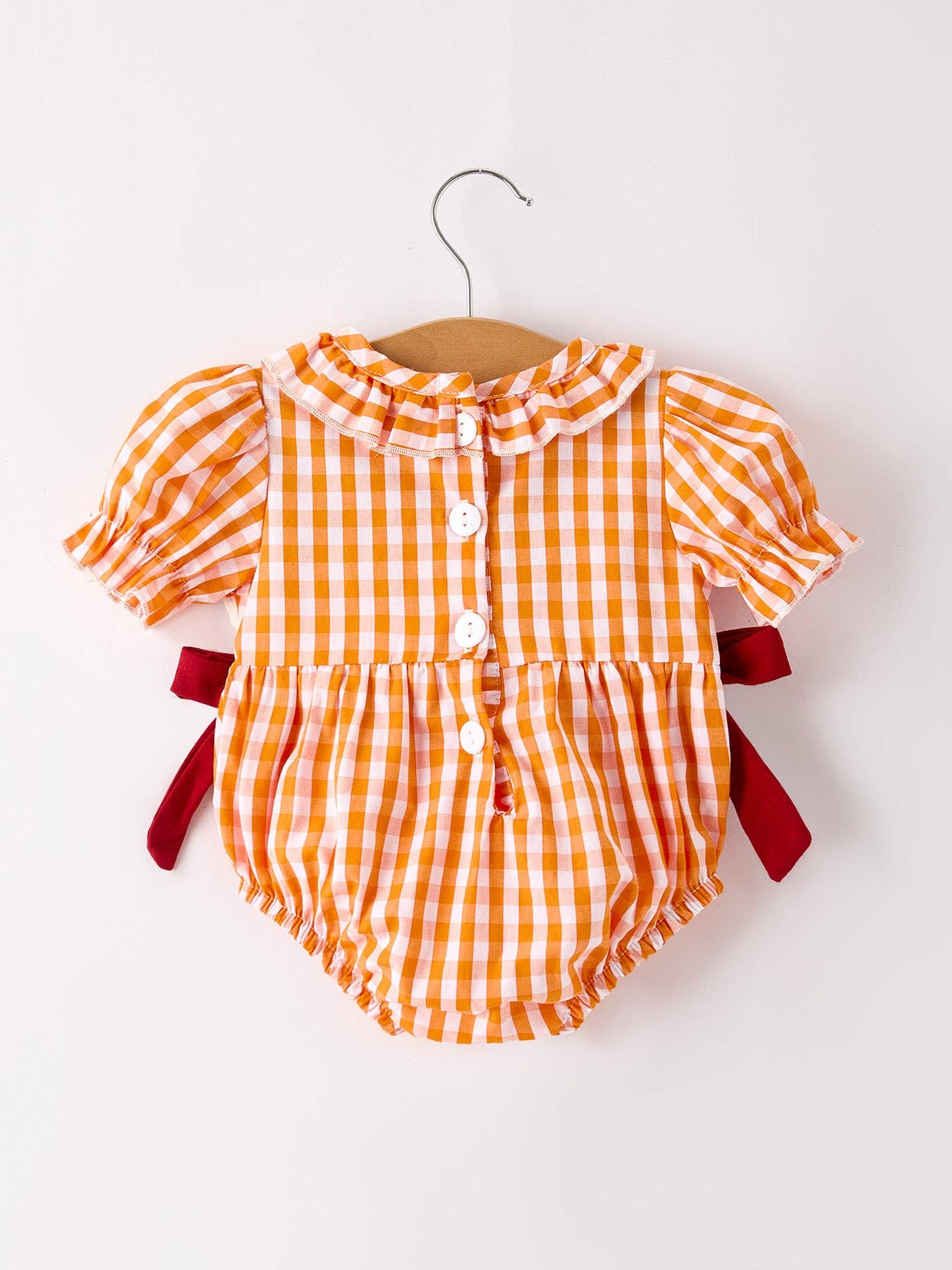 Fall Embroidered Romper for Baby Girls – Orange Checkered with Fall Detail