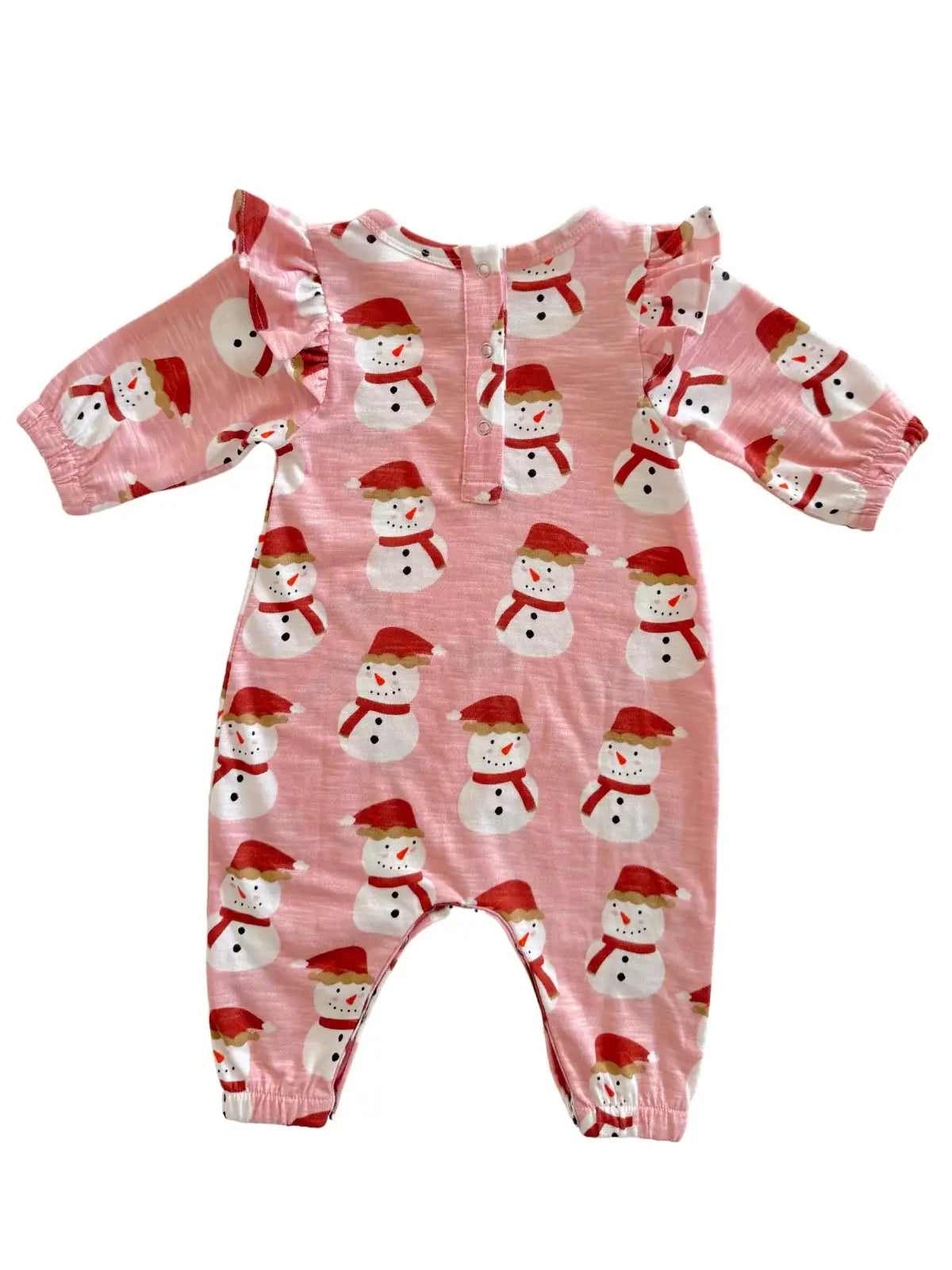 Snowman Pink / Organic Long Sleeve Ruffle Jumpsuit