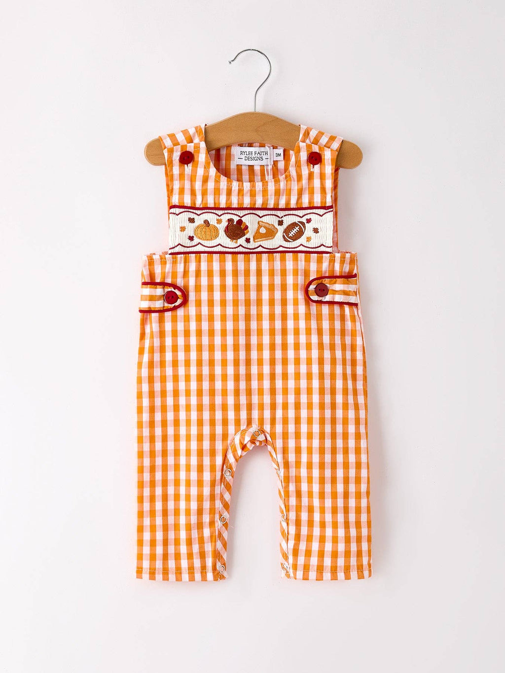 Fall Embroidered Romper for Baby Boys – Orange Checkered with Fall Details