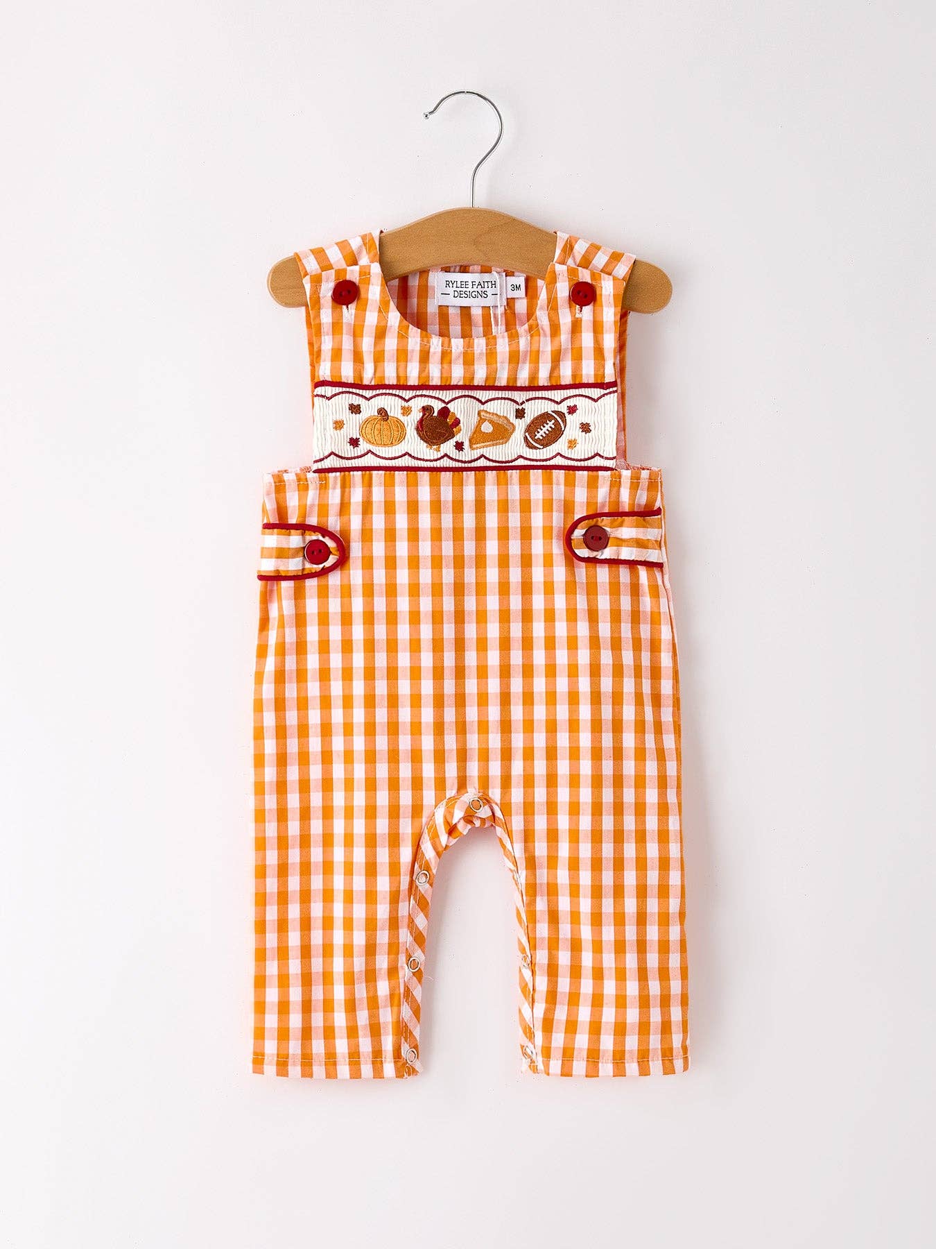 Fall Embroidered Romper for Baby Boys – Orange Checkered with Fall Details