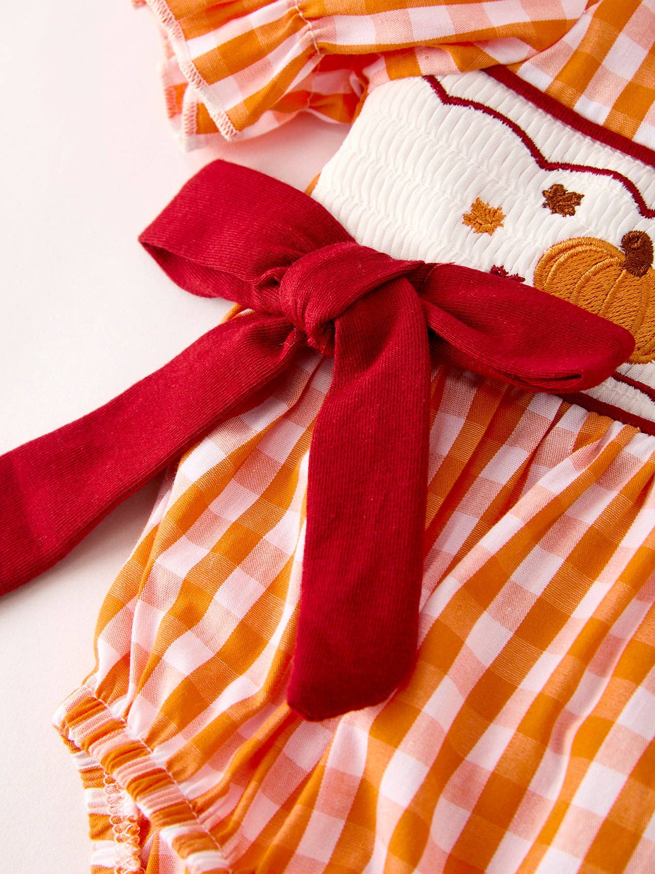 Fall Embroidered Romper for Baby Girls – Orange Checkered with Fall Detail